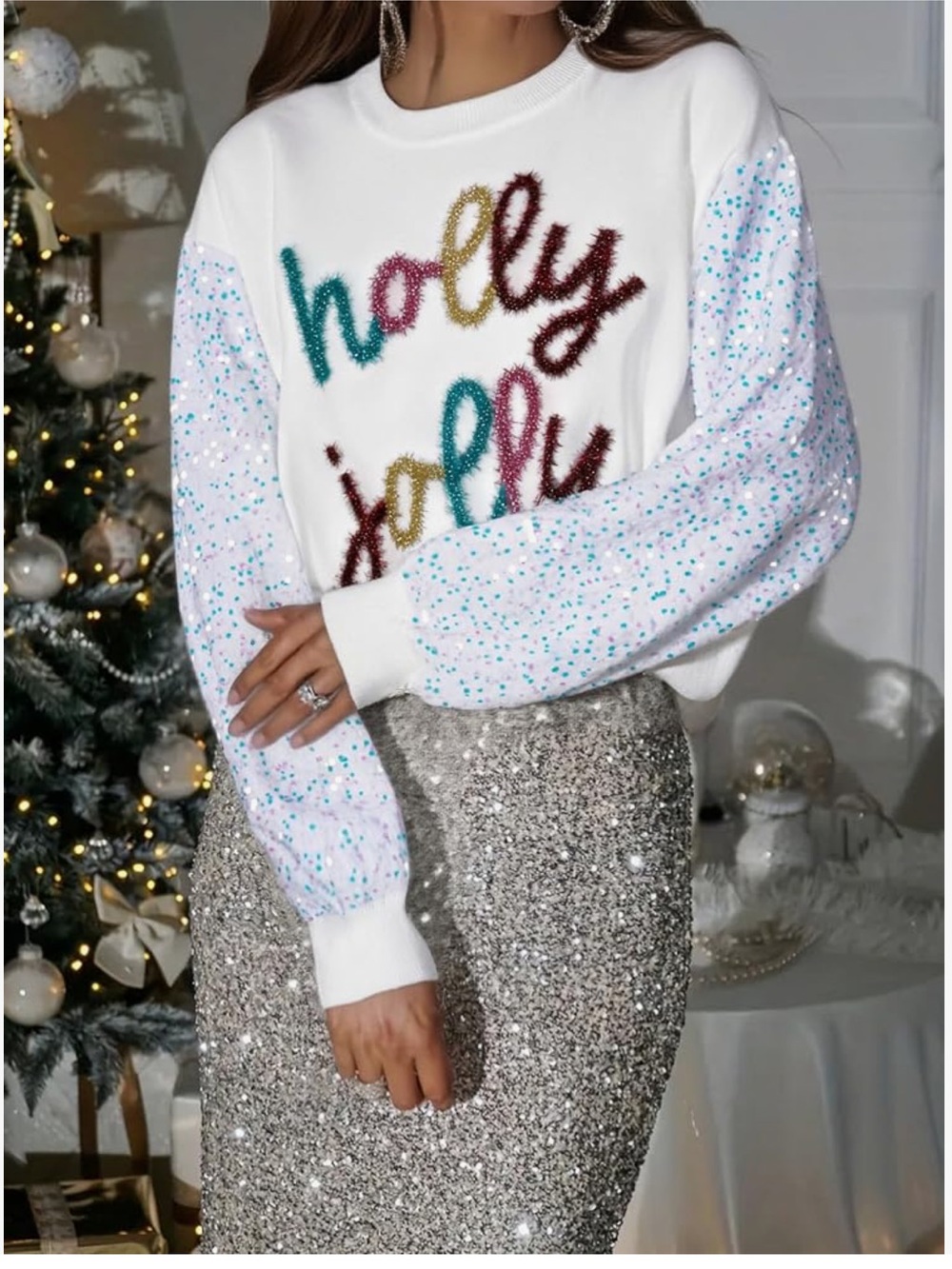 Holly Jolly Sequin Sleeve Festive White Graphic Pullover Sweater - Picture 5 of 5